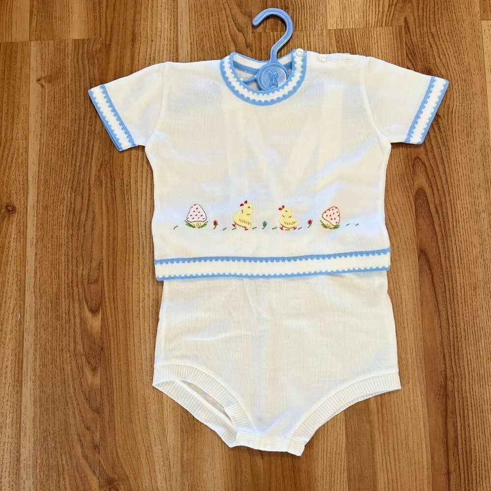 Vintage Retro Baby Soft Knit 2-Piece Embroider Romper Set Sz 12Months